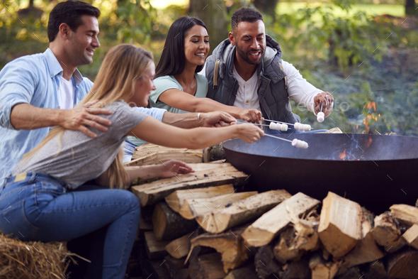 Group Of Friends Camping Sitting By Fire In Fire Bowl Toasting Marshmallows Together