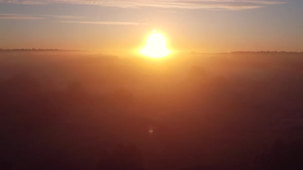 Flying over the morning fog above forest