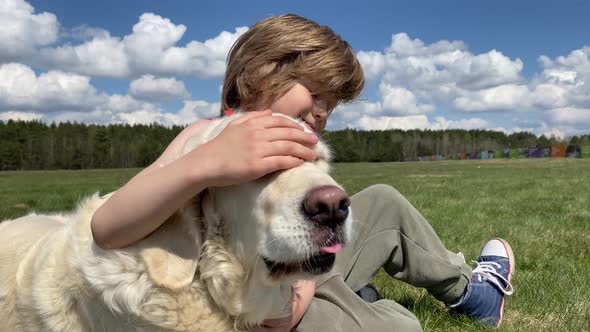 Love for Pets. Beautiful Golden Retriever with a Little Boy Have a Rest in the Field in Sunny Summer