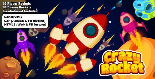Crazy Rocket 2 Space Shooter Game (Construct 3 | C3P | HTML5) Admob Ready