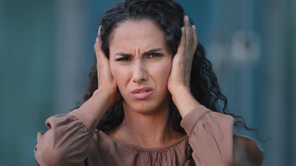 Displeased Angry Hispanic Young Woman Curly Brunette Girl Frowns Eyebrows Face Feels Disgust alt