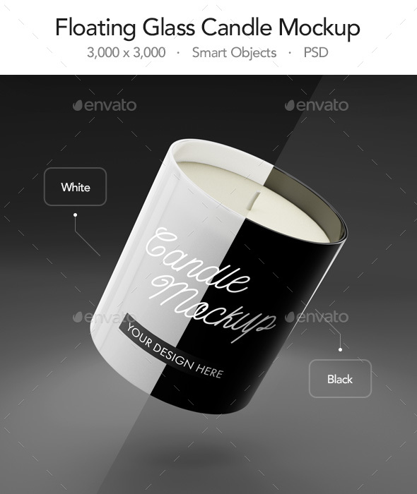 Download Floating Glass Candle Mockup With White Black Vessels By Legendshill