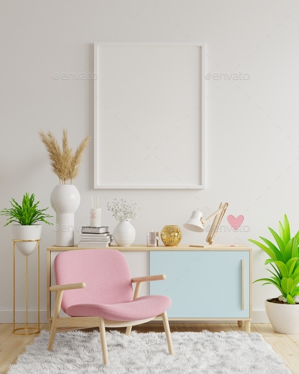Download Poster Mockup With Vertical Frames On Empty White Wall In Living Room Stock Photo By Vanitjanthra