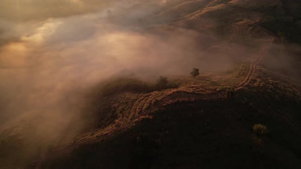 Aerial view of sunrise with fog above mountains alt