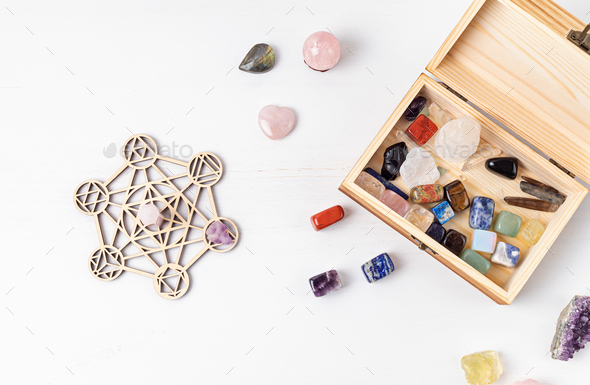 Healing chakra crystal grid therapy. Rituals with gemstones and aromatherapy for wellness, healing