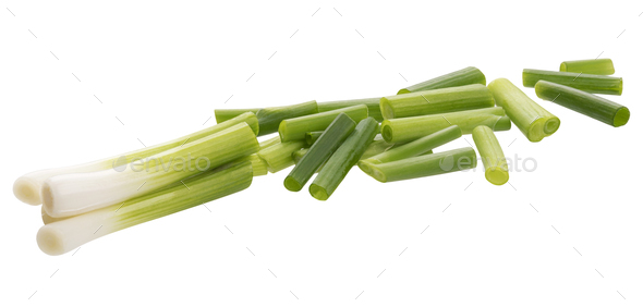 Chopped fresh green onions isolated on white background. Top view Stock  Photo