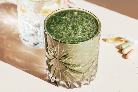 Green Smoothie, Lemon Water and Vitamins - Stock Photo - Images