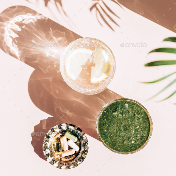 Green Smoothie, Lemon Water and Vitamins - Stock Photo - Images
