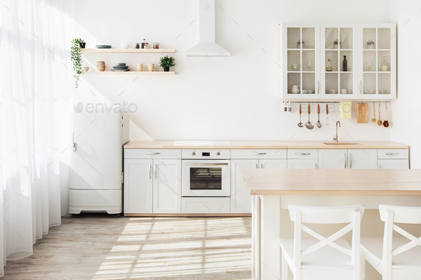 Light Kitchen Interior With White, Small Refrigerator Kitchen Cabinet