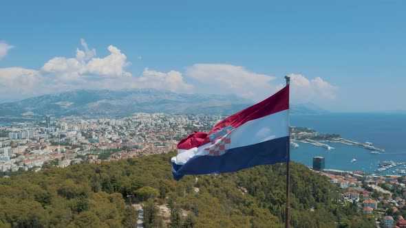 Aerial view with Croatian flag, in Spalato Croatia 4K