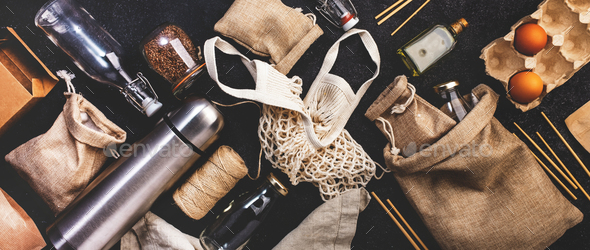 Recyclable, reusable eco friendly bags, package, bottles, cans and storage containers - Stock Photo - Images