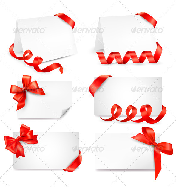 Set of card notes with red gift bows with ribbons - Borders Decorative