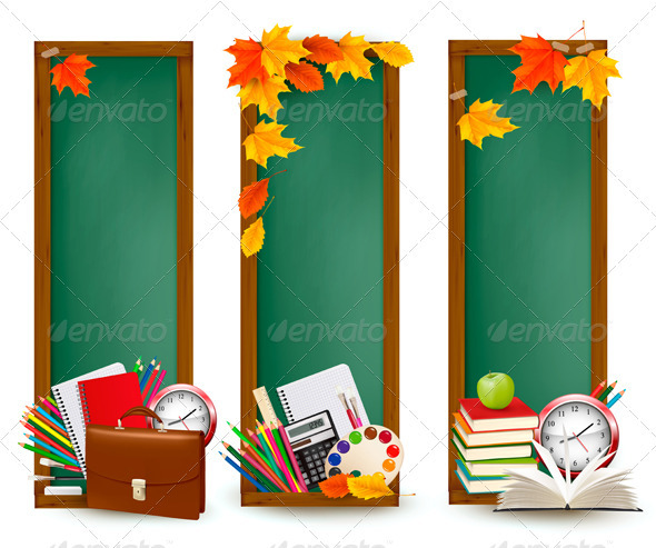 Back to school Three banners with school supplies - Borders Decorative