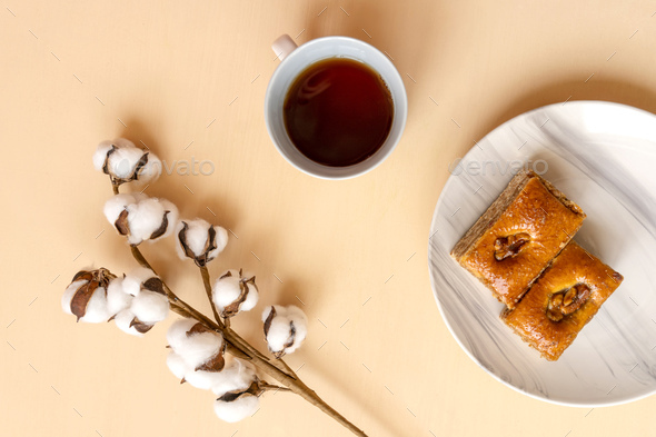 Perfect breakfast: tea and baklava.
