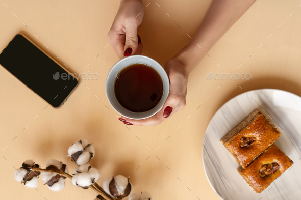 Perfect breakfast: black coffee and baklava.