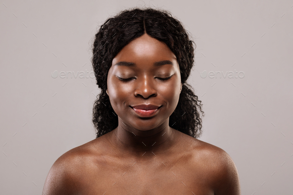 Neck Wrinkles Treatment. Portrait Of Beautiful Black Naked Woman With Closed Eyes