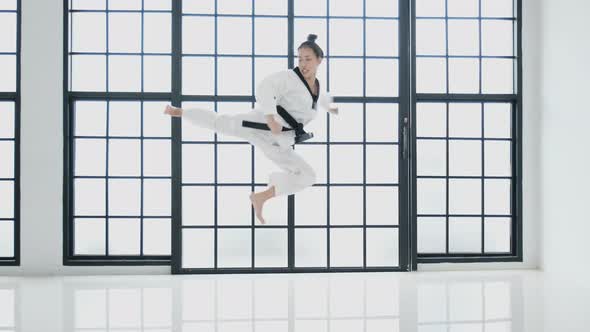 Young Taekwondo girl show action of front kick alt