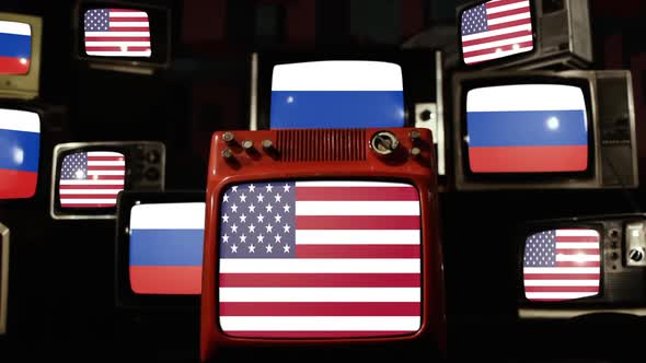 United States Flags and Russian Flags on Retro TVs.
