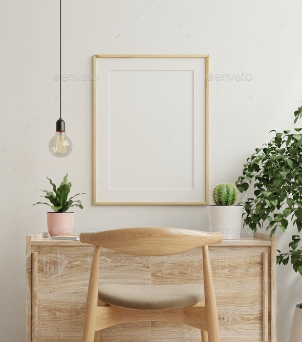 White blank canvas on wooden easel, in minimal living room