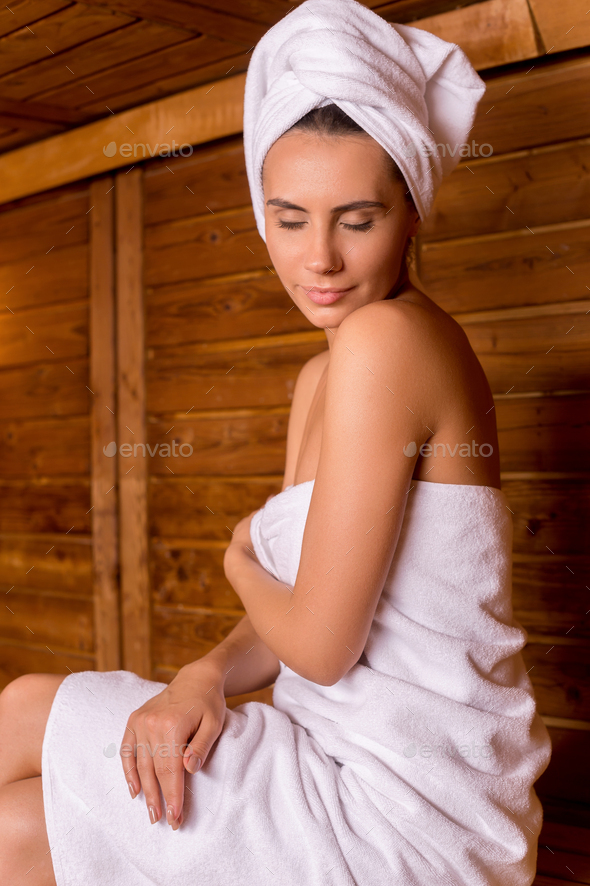 Woman Relaxing In Sauna Towel Body Youth Photo Background And