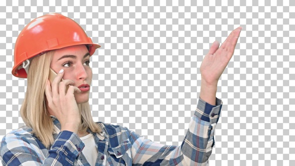 Woman in orange helmet having a phone, Alpha Channel