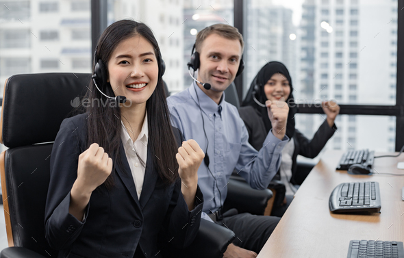 Successful of group of diverse telemarketing customer service staff team in call center.
