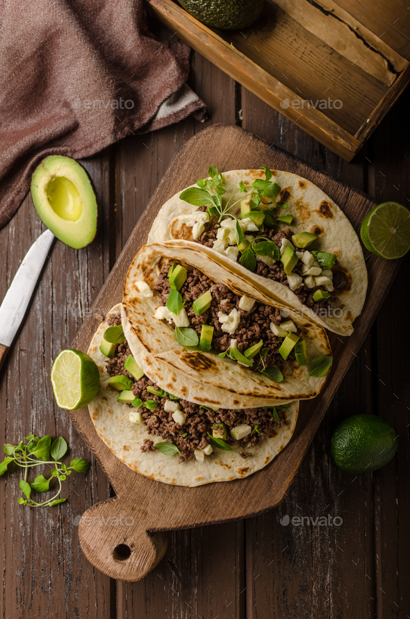 Homemade minced beef tortilla, fresh avocado and mozarella cheese Stock