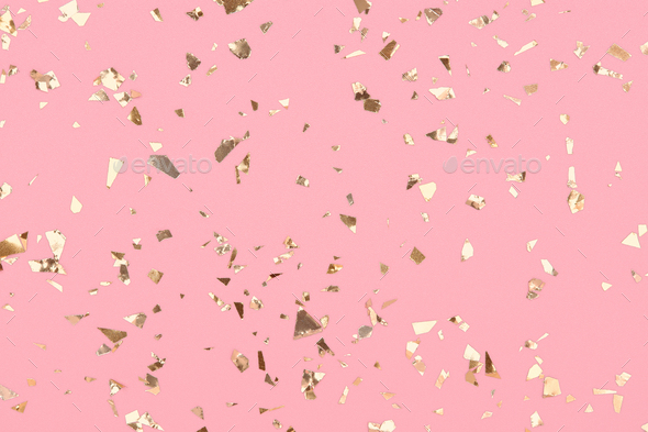 Golden Confetti on Pastel Pink Background, Party Gold Glitter Backdrop.  Stock Photo by JuliaManga