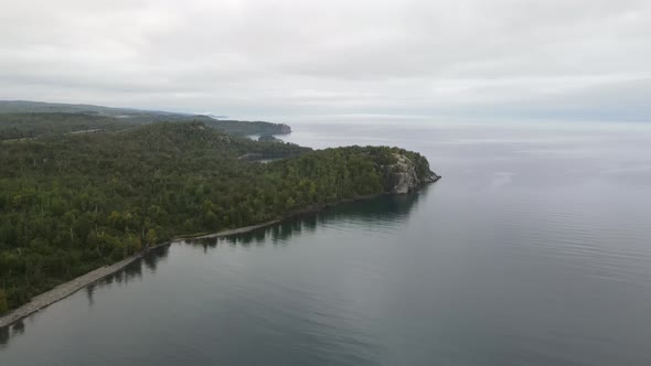 aerial view of north shore minnesota lake superior during a foggy afternoon alt