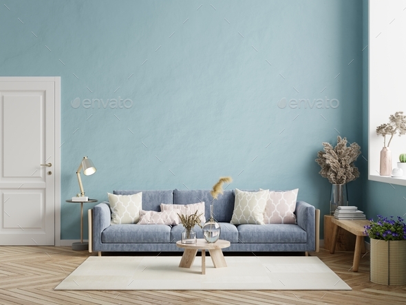 Dark Sofa On Blue Wall Background