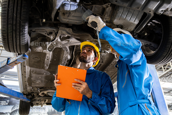 Download Two Mechanic Was Checking The Car Suspension Stock Photo By Thananit S