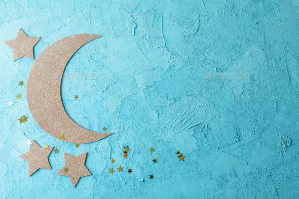 Decorative Moon And Stars On Color Background Space For Text Stock Photo By Atlascomposer