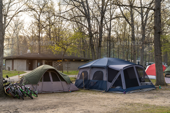 Camping and tents on the campground in the spring