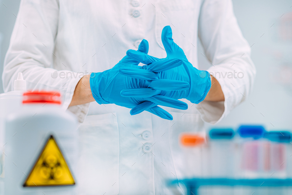 Laboratory Safety Equipment. Protective Gloves. Stock Photo by