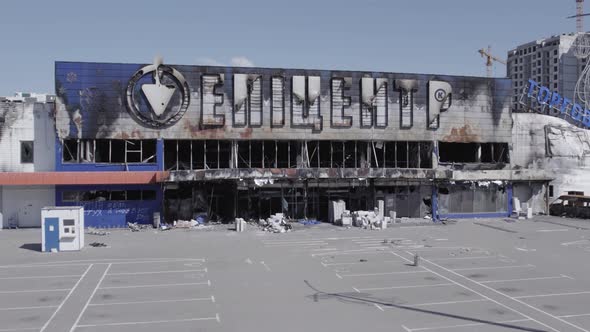 Bombed Shopping Center During the War in Bucha Ukraine alt