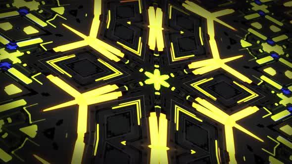 Dark Looped Background with Abstract Symmetrical Mechanism and Neon Light DOF alt