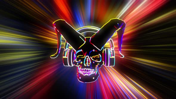 Neon Horned Skull With Headphones In Flight