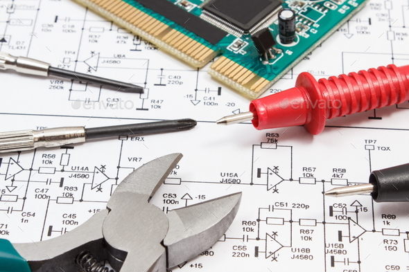 Circuit board with transistors, resistors, capacitor. Diagram of ...