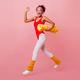 Appealing african woman in aerobics outfit running on pink background.  Studio shot of black fit gir Stock Photo by look_studio