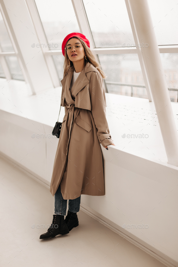 Lady In Beige Midi Trench And Red Beret, Trench Coat Bag
