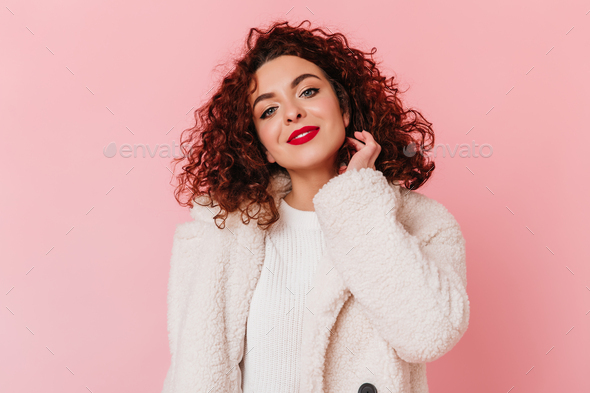 Charming Woman In Stylish White Sweater And Fur Coat Cute Smiles Portrait Of Curly Lady With Blue Stock Photo By Look Studio Fur Coat Cute Smiles Portrait, Red Curly Fur Coat