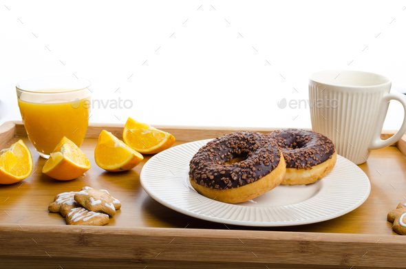 Breakfast tray donut orange and milk