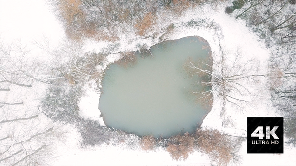 Aerial High Angle View of Snowy and Misty Pond
