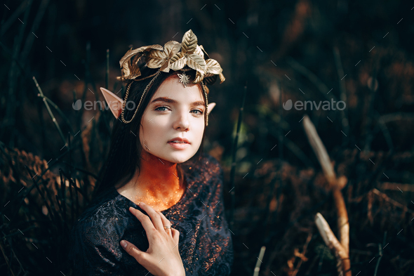 beautiful elf woman fabulous, fairy forest, famtasy young woman with long ears, long dark hair