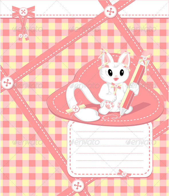 Copybook with cat pencil bows buttons in cell - Animals Characters
