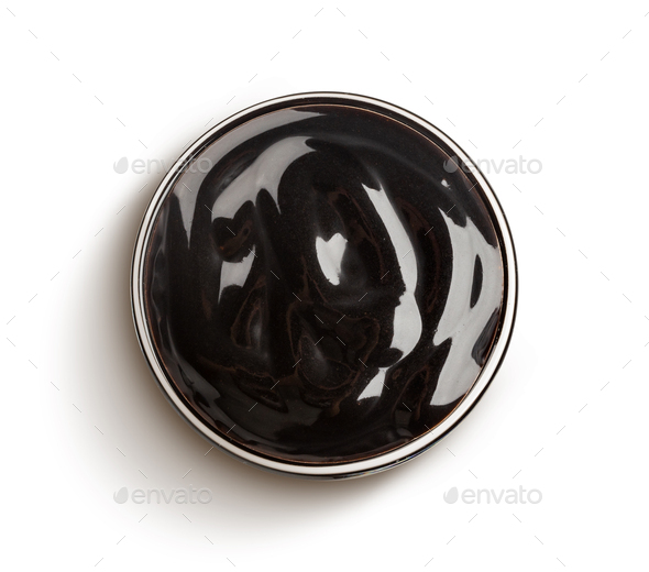 paint brush and dab of chocolate sauce. chocolate sauce. texture. sample  and brush isolated on white background Stock Photo