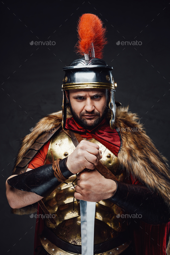 Roman warrior with sword in finish off pose