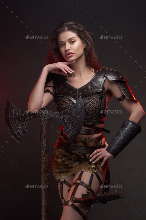 Women`s Viking Warrior Princess Costume Helmet Nordic Barbarian Lady Fancy  Dress