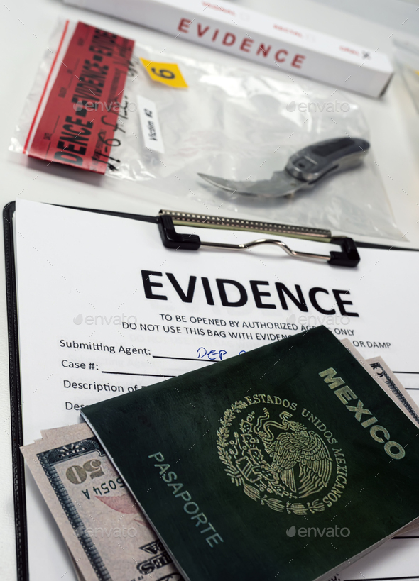 Mexican passport next to evidence bag in crime lab, concept image
