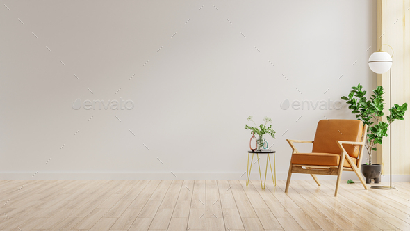 Living room interior wall mockup in warm tones with leather armchair on  white wall background. Stock Photo by vanitjan